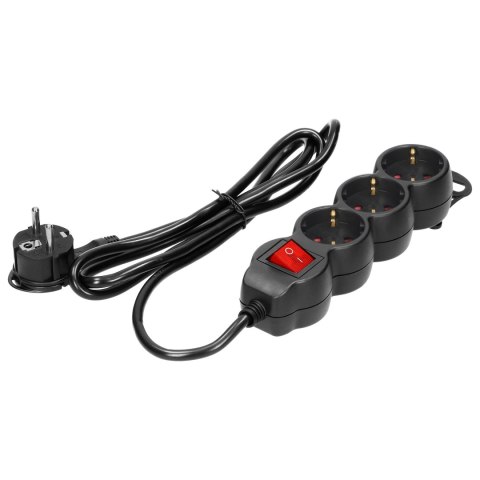 Przedłużacz 3-krotny 2P+Z (Schuko) , z wyłącznikiem, 3m H05VV-F 3x1,5mm2, Imax=16A, płaska wtyczka, czarny Przedłużacz 3-krotny 2P+Z (Schuko) , z wyłącznikiem, 3m H05VV-F 3x1,5mm2, Imax=16A, płaska wtyczka, czarny