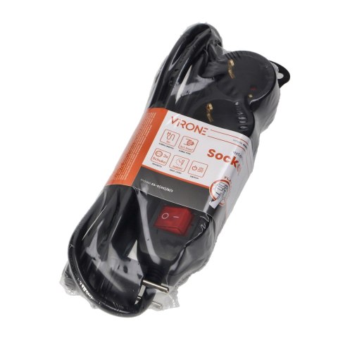 Przedłużacz 3-krotny 2P+Z (Schuko) , z wyłącznikiem, 3m H05VV-F 3x1,5mm2, Imax=16A, płaska wtyczka, czarny Przedłużacz 3-krotny 2P+Z (Schuko) , z wyłącznikiem, 3m H05VV-F 3x1,5mm2, Imax=16A, płaska wtyczka, czarny