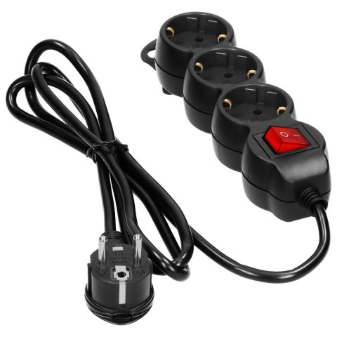 Przedłużacz 3-krotny 2P+Z (Schuko) , z wyłącznikiem, 3m H05VV-F 3x1,5mm2, Imax=16A, płaska wtyczka, czarny Przedłużacz 3-krotny 2P+Z (Schuko) , z wyłącznikiem, 3m H05VV-F 3x1,5mm2, Imax=16A, płaska wtyczka, czarny