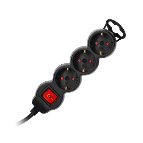 Przedłużacz 3-krotny 2P+Z (Schuko) , z wyłącznikiem, 3m H05VV-F 3x1,5mm2, Imax=16A, płaska wtyczka, czarny Przedłużacz 3-krotny 2P+Z (Schuko) , z wyłącznikiem, 3m H05VV-F 3x1,5mm2, Imax=16A, płaska wtyczka, czarny
