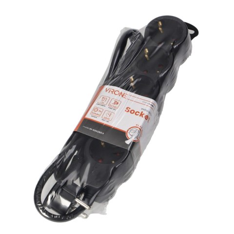 Przedłużacz 5-krotny 2P+Z (Schuko), 1,5m H05VV-F 3x1,5mm2, Imax=16A, płaska wtyczka, czarny Przedłużacz 5-krotny 2P+Z (Schuko), 1,5m H05VV-F 3x1,5mm2, Imax=16A, płaska wtyczka, czarny