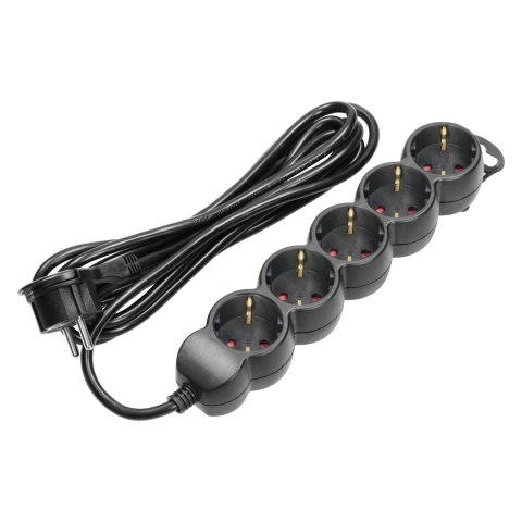 Przedłużacz 5-krotny 2P+Z (Schuko), 3m H05VV-F 3x1,5mm2, Imax=16A, płaska wtyczka, czarny Przedłużacz 5-krotny 2P+Z (Schuko), 3m H05VV-F 3x1,5mm2, Imax=16A, płaska wtyczka, czarny