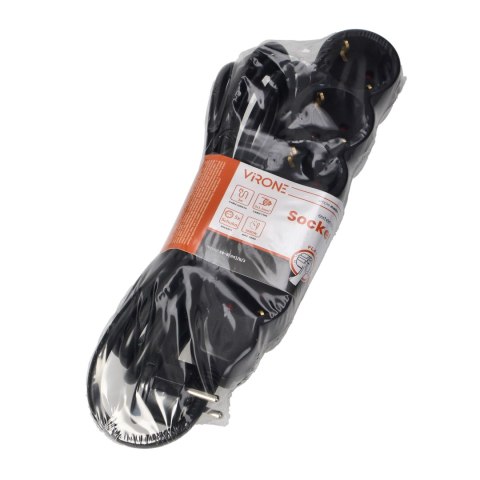 Przedłużacz 5-krotny 2P+Z (Schuko), 3m H05VV-F 3x1,5mm2, Imax=16A, płaska wtyczka, czarny Przedłużacz 5-krotny 2P+Z (Schuko), 3m H05VV-F 3x1,5mm2, Imax=16A, płaska wtyczka, czarny