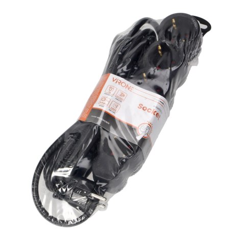 Przedłużacz 5-krotny 2P+Z (Schuko), 5m H05VV-F 3x1,5mm2, Imax=16A, płaska wtyczka, czarny Przedłużacz 5-krotny 2P+Z (Schuko), 5m H05VV-F 3x1,5mm2, Imax=16A, płaska wtyczka, czarny