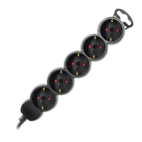 Przedłużacz 5-krotny 2P+Z (Schuko), 5m H05VV-F 3x1,5mm2, Imax=16A, płaska wtyczka, czarny Przedłużacz 5-krotny 2P+Z (Schuko), 5m H05VV-F 3x1,5mm2, Imax=16A, płaska wtyczka, czarny