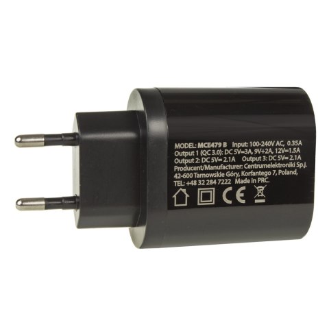 Ładowarka sieciowa Maclean, Qualcomm Quick Charge, QC 3.0 - 3.6-6V/3A, 6-9V/2A, 9-12V/1.5A, 2 gniazda 5V/2.1A, Czarna, MCE479 B Ładowarka sieciowa Maclean, Qualcomm Quick Charge, QC 3.0 - 3.6-6V/3A, 6-9V/2A, 9-12V/1.5A, 2 gniazda 5V/2.1A, Czarna, MCE479 B