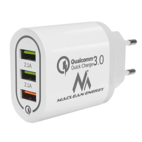 Ładowarka sieciowa Maclean, Qualcomm Quick Charge, QC 3.0 - 3.6-6V/3A, 6-9V/2A, 9-12V/1.5A, 2 gniazda 5V/2.1A, Biała, MCE479 W Ładowarka sieciowa Maclean, Qualcomm Quick Charge, QC 3.0 - 3.6-6V/3A, 6-9V/2A, 9-12V/1.5A, 2 gniazda 5V/2.1A, Biała, MCE479 W