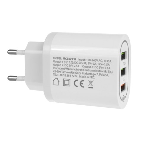 Ładowarka sieciowa Maclean, Qualcomm Quick Charge, QC 3.0 - 3.6-6V/3A, 6-9V/2A, 9-12V/1.5A, 2 gniazda 5V/2.1A, Biała, MCE479 W Ładowarka sieciowa Maclean, Qualcomm Quick Charge, QC 3.0 - 3.6-6V/3A, 6-9V/2A, 9-12V/1.5A, 2 gniazda 5V/2.1A, Biała, MCE479 W