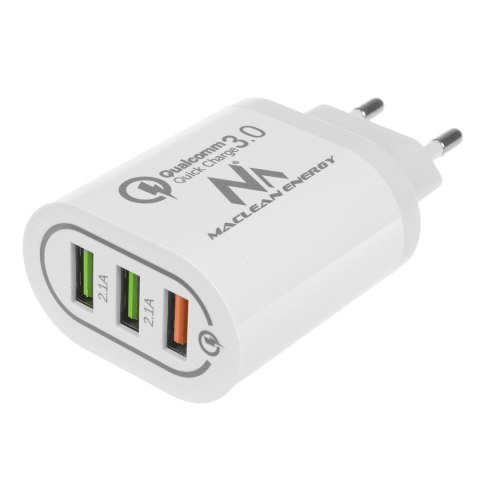 Ładowarka sieciowa Maclean, Qualcomm Quick Charge, QC 3.0 - 3.6-6V/3A, 6-9V/2A, 9-12V/1.5A, 2 gniazda 5V/2.1A, Biała, MCE479 W Ładowarka sieciowa Maclean, Qualcomm Quick Charge, QC 3.0 - 3.6-6V/3A, 6-9V/2A, 9-12V/1.5A, 2 gniazda 5V/2.1A, Biała, MCE479 W