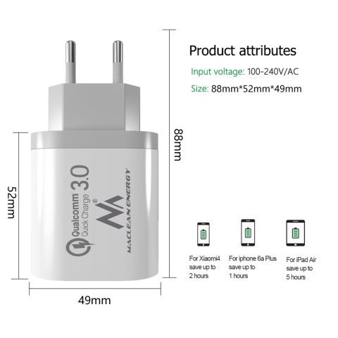 Ładowarka sieciowa Maclean, Qualcomm Quick Charge, QC 3.0 - 3.6-6V/3A, 6-9V/2A, 9-12V/1.5A, 2 gniazda 5V/2.1A, Biała, MCE479 W Ładowarka sieciowa Maclean, Qualcomm Quick Charge, QC 3.0 - 3.6-6V/3A, 6-9V/2A, 9-12V/1.5A, 2 gniazda 5V/2.1A, Biała, MCE479 W