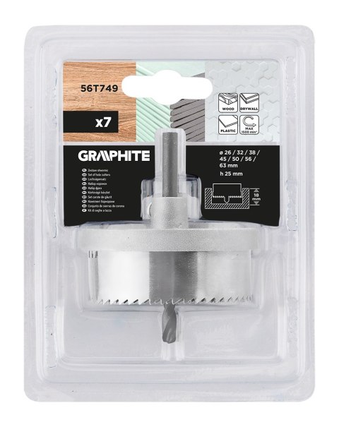Otwornice do drewna 26 - 63 mm, h 25 mm, zestaw 7 szt. Otwornice do drewna 26 - 63 mm, h 25 mm, zestaw 7 szt.