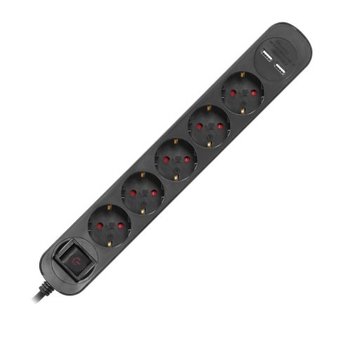 Listwa przeciwprzepięciowa, 5 gniazd 2P+Z (Schuko), kabel 3x1,0mm2, długość 1,5m, z wyłącznikiem podświetlanym dwutorowym. 10A/2 Listwa przeciwprzepięciowa, 5 gniazd 2P+Z (Schuko), kabel 3x1,0mm2, długość 1,5m, z wyłącznikiem podświetlanym dwutorowym. 10A/2