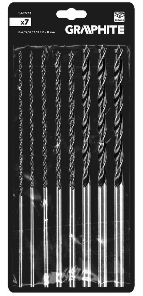 Zestaw wierteł do drewna, przedłużanych: 4, 5, 6, 7, 8, 10, 12 mm x 300 mm, 7 sztuk Zestaw wierteł do drewna, przedłużanych: 4, 5, 6, 7, 8, 10, 12 mm x 300 mm, 7 sztuk