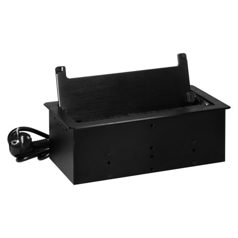 Gniazdo meblowe wpuszczane w blat z płaskim frezowanym rantem, szczotką przeciwkurzową i przewodem 1,5m, 2x2P+Z (Schuko), 2xUSB Gniazdo meblowe wpuszczane w blat z płaskim frezowanym rantem, szczotką przeciwkurzową i przewodem 1,5m, 2x2P+Z (Schuko), 2xUSB