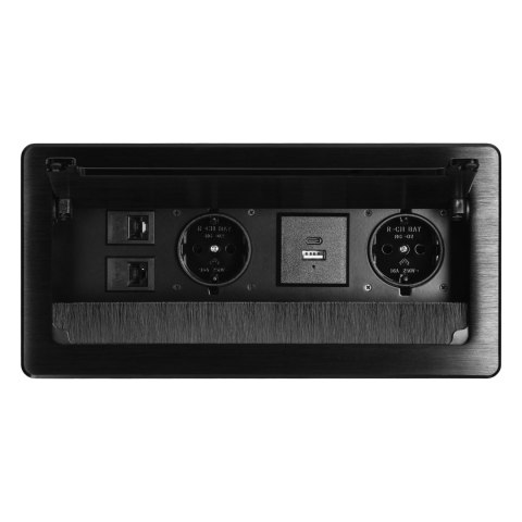 Gniazdo meblowe wpuszczane w blat z płaskim frezowanym rantem, szczotką przeciwkurzową i przewodem 1,5m, 2x2P+Z (Schuko), 2xUSB Gniazdo meblowe wpuszczane w blat z płaskim frezowanym rantem, szczotką przeciwkurzową i przewodem 1,5m, 2x2P+Z (Schuko), 2xUSB
