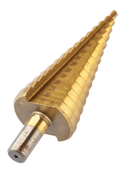 Wiertła stopniowe: 4-12, 4-20, 4-32 mm, TiN, zestaw 3 szt. Wiertła stopniowe: 4-12, 4-20, 4-32 mm, TiN, zestaw 3 szt.