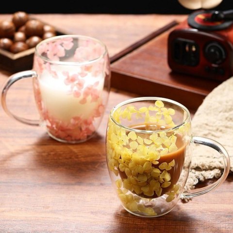 Szklanka termiczna z kwiatami w środku, hortensje 300 ml 1szt SZK153