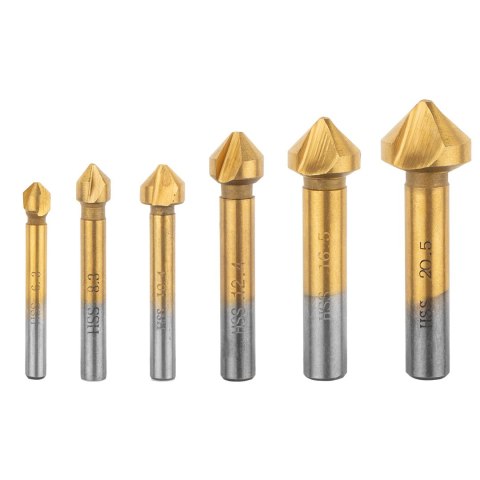 Wiertła fazujące stożkowe pogłębiacze 6.3-20.5 mm, zestaw 6 szt. Wiertła fazujące stożkowe pogłębiacze 6.3-20.5 mm, zestaw 6 szt.