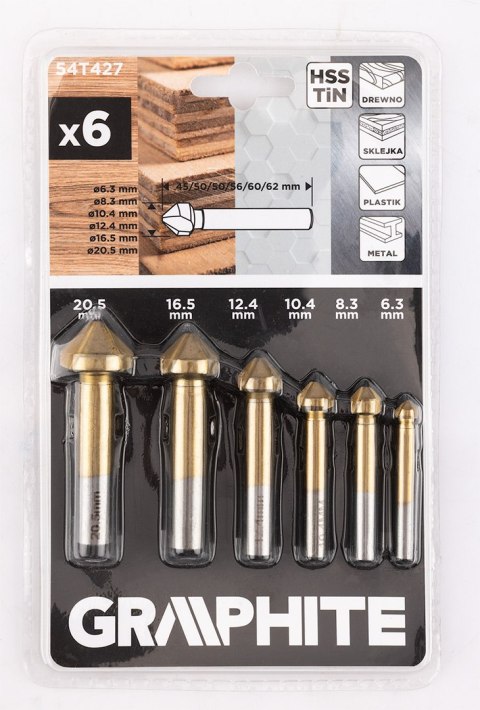 Wiertła fazujące stożkowe pogłębiacze TiN, 6.3-20.5 mm, zestaw 6 szt. Wiertła fazujące stożkowe pogłębiacze TiN, 6.3-20.5 mm, zestaw 6 szt.