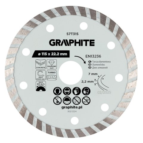 Tarcza diamentowa do cięcia turbo, 115 x 22.22 mm, na sucho Tarcza diamentowa do cięcia turbo, 115 x 22.22 mm, na sucho