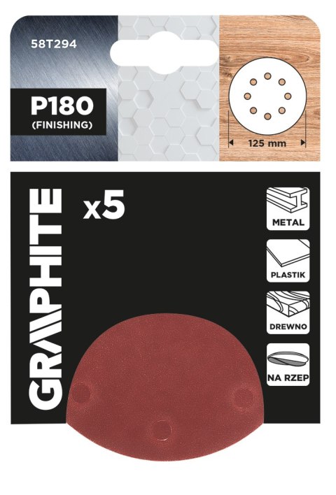 Krążki ścierne na rzep 125 mm, P180, 5 szt., z 8 otworami Krążki ścierne na rzep 125 mm, P180, 5 szt., z 8 otworami