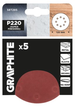 Krążki ścierne na rzep 125 mm, P220, 5 szt., z 8 otworami