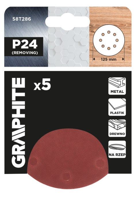 Krążki ścierne na rzep 125 mm, P24, 5 szt., z 8 otworami Krążki ścierne na rzep 125 mm, P24, 5 szt., z 8 otworami