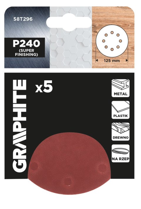 Krążki ścierne na rzep 125 mm, P240, 5 szt., z 8 otworami Krążki ścierne na rzep 125 mm, P240, 5 szt., z 8 otworami