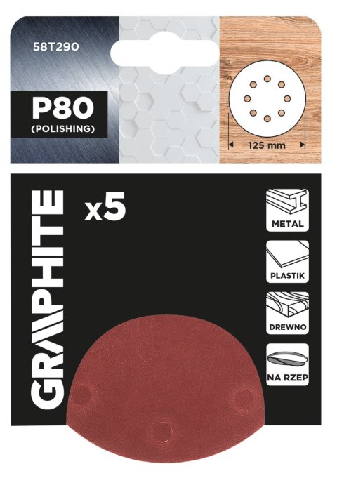 Krążki ścierne na rzep 125 mm, P80, 5 szt., z 8 otworami Krążki ścierne na rzep 125 mm, P80, 5 szt., z 8 otworami