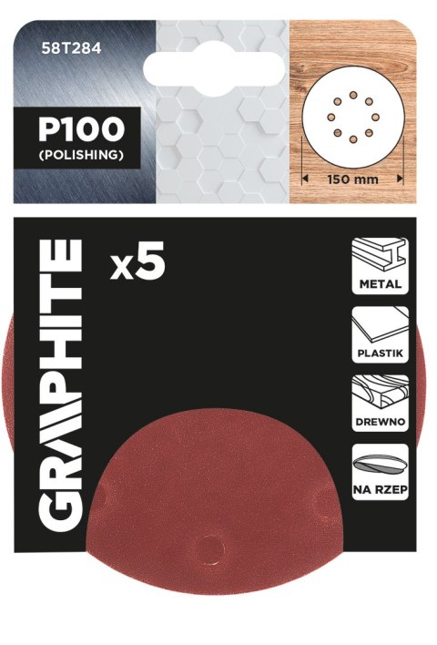 Krążki ścierne na rzep 150 mm, P100, 5 szt., z 8 otworami Krążki ścierne na rzep 150 mm, P100, 5 szt., z 8 otworami