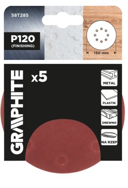 Krążki ścierne na rzep 150 mm, P120, 5 szt., z 8 otworami