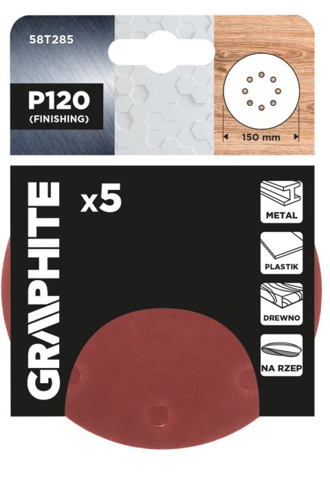 Krążki ścierne na rzep 150 mm, P120, 5 szt., z 8 otworami Krążki ścierne na rzep 150 mm, P120, 5 szt., z 8 otworami