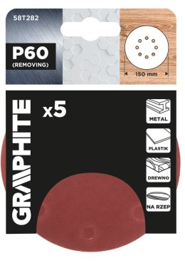 Krążki ścierne na rzep 150 mm, P60, 5 szt., z 8 otworami