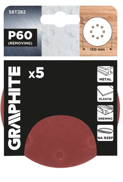 Krążki ścierne na rzep 150 mm, P60, 5 szt., z 8 otworami Krążki ścierne na rzep 150 mm, P60, 5 szt., z 8 otworami