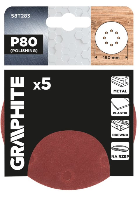 Krążki ścierne na rzep 150 mm, P80, 5 szt., z 8 otworami Krążki ścierne na rzep 150 mm, P80, 5 szt., z 8 otworami
