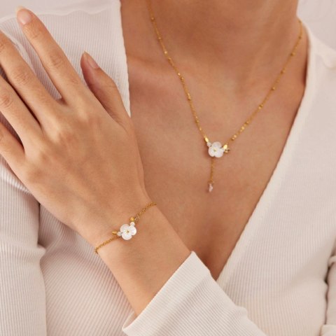 Bransoletka na rękę stal chirurgiczna pozłacana 14k złotem, biały kwiat, cyrkonia BST1516