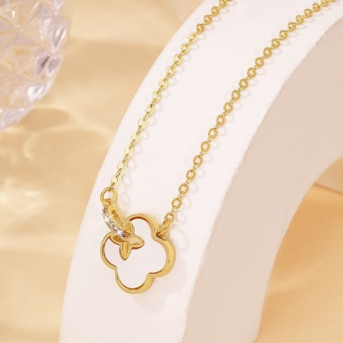 Naszyjnik stal szlachetna pozłacana 14k złotem, cyrkonie, koniczynka NST2196