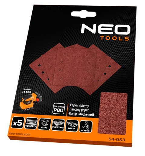 Papiery ścierne na rzep, kwadrat 113 x 113 mm, P80, 5 szt., z 8 otworami do 04-623 Papiery ścierne na rzep, kwadrat 113 x 113 mm, P80, 5 szt., z 8 otworami do 04-623