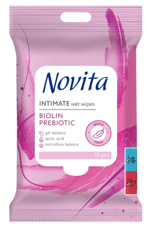 NOVITA Chusteczki nawilżane intymne Biolin prebiotyk 15 sztuk NOVITA Chusteczki nawilżane intymne Biolin prebiotyk 15 sztuk