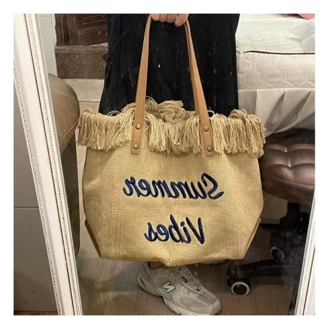 TORBA PLAŻOWA , na zakupy duża i pojemna z frędzlami BOHO, brąz TP11BR
