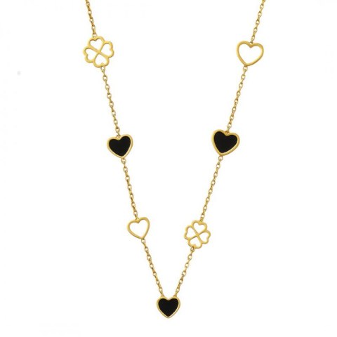 Naszyjnik stal szlachetna pozłacana 14k złotem, SERCA czarne i koniczynki NST2195