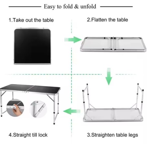 Stół Turystyczny Kempingowy Składany Regulowany Aluminiowy Czarny 120x60cm Stół Turystyczny Kempingowy Składany Regulowany Aluminiowy Czarny 120x60cm