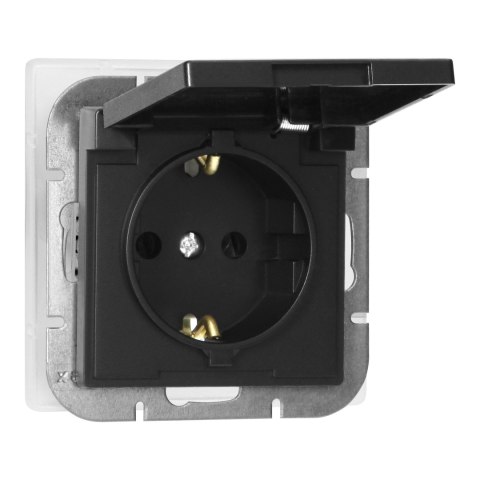 Gniazdo pojedyncze p/t 2P+Z Schuko bryzgoszczelne z klapką Pearl, 16A, 250V, PT-17PH, czarny Gniazdo pojedyncze p/t 2P+Z Schuko bryzgoszczelne z klapką Pearl, 16A, 250V, PT-17PH, czarny