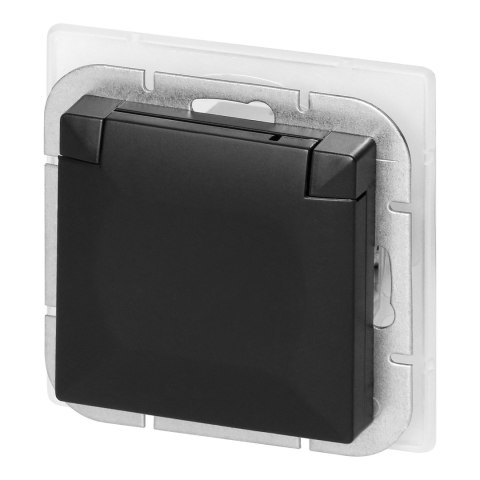 Gniazdo pojedyncze p/t 2P+Z Schuko bryzgoszczelne z klapką Pearl, 16A, 250V, PT-17PH, czarny Gniazdo pojedyncze p/t 2P+Z Schuko bryzgoszczelne z klapką Pearl, 16A, 250V, PT-17PH, czarny