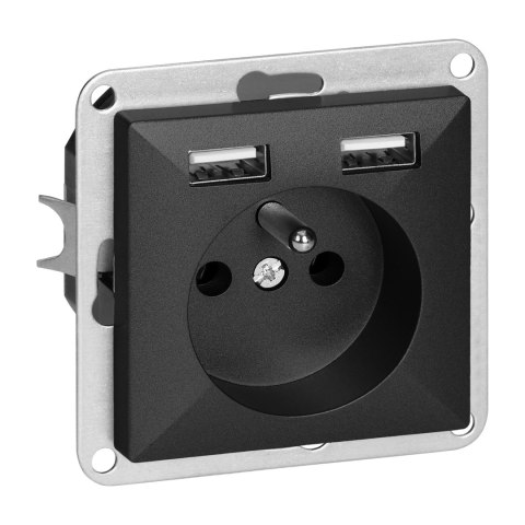 Gniazdo pojedyncze p/t 2P+Z z ładowarką Pearl, 16A, 250V, PT-16P/USB, czarny Gniazdo pojedyncze p/t 2P+Z z ładowarką Pearl, 16A, 250V, PT-16P/USB, czarny