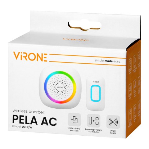 PELA AC, dzwonek bezprzewodowy sieciowy, learning system, 60 dźwięków, LED RGB, 300m, biały PELA AC, dzwonek bezprzewodowy sieciowy, learning system, 60 dźwięków, LED RGB, 300m, biały