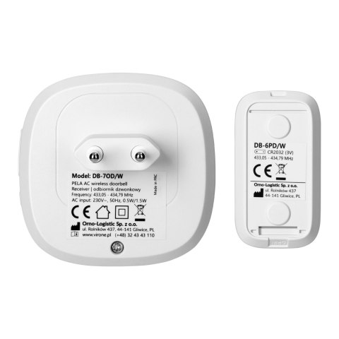 PELA AC, dzwonek bezprzewodowy sieciowy, learning system, 60 dźwięków, LED RGB, 300m, biały PELA AC, dzwonek bezprzewodowy sieciowy, learning system, 60 dźwięków, LED RGB, 300m, biały
