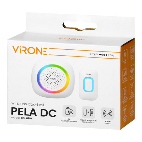 PELA DC, dzwonek bezprzewodowy bateryjny, learning system, 60 dźwięków, LED RGB, 300m, biały PELA DC, dzwonek bezprzewodowy bateryjny, learning system, 60 dźwięków, LED RGB, 300m, biały