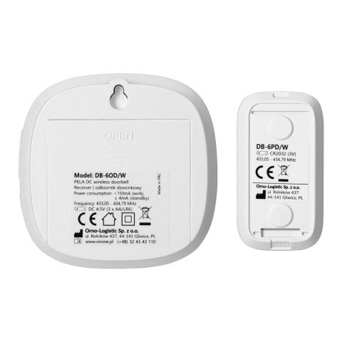 PELA DC, dzwonek bezprzewodowy bateryjny, learning system, 60 dźwięków, LED RGB, 300m, biały PELA DC, dzwonek bezprzewodowy bateryjny, learning system, 60 dźwięków, LED RGB, 300m, biały