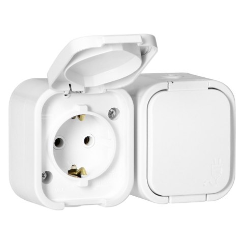 Gniazdo podwójne n/t 2P+Z, Schuko, bryzgoszczelne z klapką B2, IP54, NT-7B2, biały Gniazdo podwójne n/t 2P+Z, Schuko, bryzgoszczelne z klapką B2, IP54, NT-7B2, biały